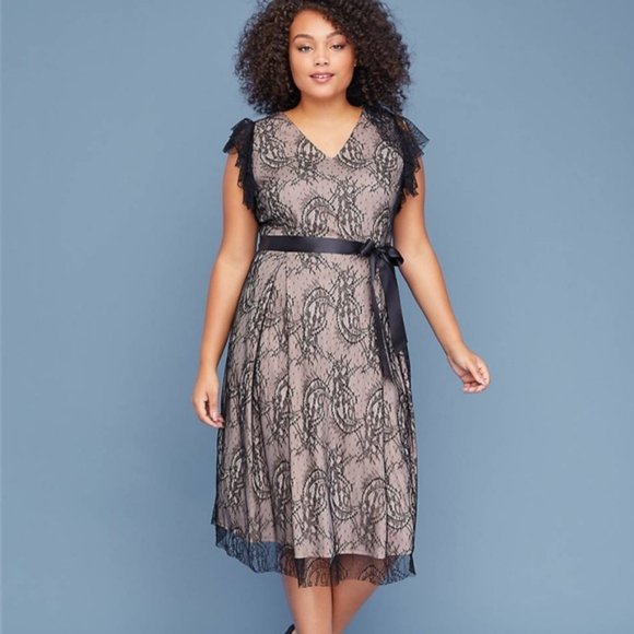 Beautiful Plus Size 26 Black Lace Lane Bryant Dress Fit Flare Illusion Dressy! - Picture 1 of 10